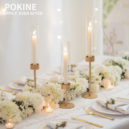 POKINE Set of 6 Gold Candle Holders, Tall Hurricane Candlestick Holders with Glass for Taper and Pillar Candles, Home Decor for Wedding, Christmas, Party, Anniversary, Dining Table
