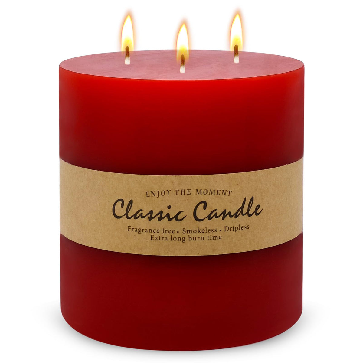3 Wick Red Extra Large Pillar Candle, 6" x 6", Unscented, Dripless, Smokeless, and Clean-Burning. Approx. 120 Hours of Burn Time. Perfect for Weddings, Dinners, Christmas and Home Decor