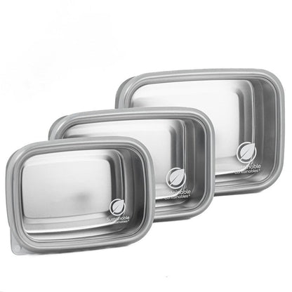 Sustainable Containables Stainless Steel Food Storage Containers with Clear Platinum Silicone Lids, Airtight, Leakproof 18/8 (304) Food Grade SS Nested 3Pk 20/30/40 oz Plastic-Free
