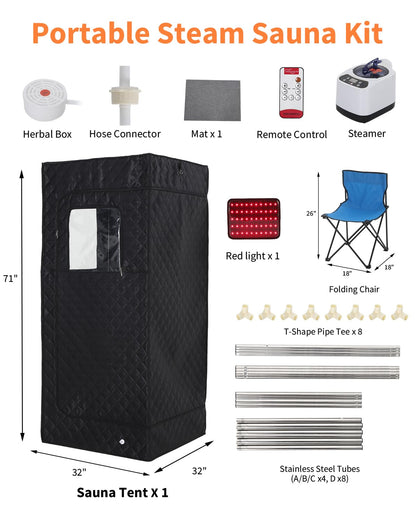 Garvee Infrared Sauna, Portable Sauna for Home with 3L 1200W Steamer, Folding Chair, Remote Control, 9 Temp Levels & 99 Min Timer, 32" x 32" x 71", Black