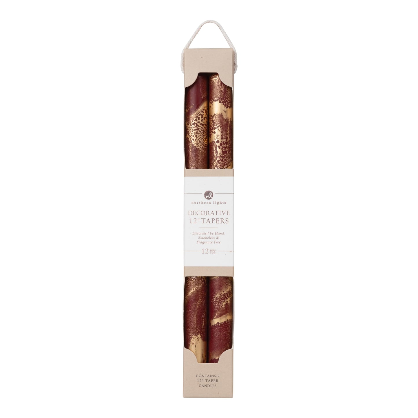 Northern Lights Candles - Premium Decorative Tapers - 12" 2PK - Bordeaux w/Gold - 73302