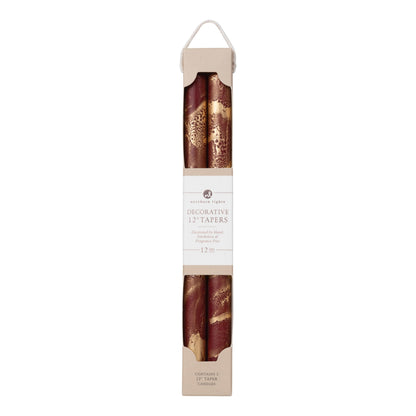 Northern Lights Candles - Premium Decorative Tapers - 12" 2PK - Bordeaux w/Gold - 73302