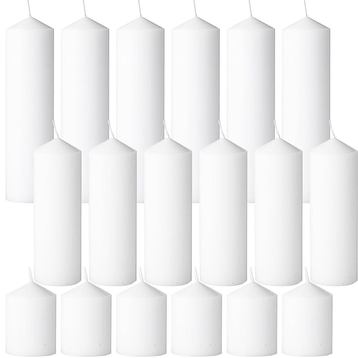Trxvxo White Pillar Candles Bulk Set of 18，Hurricane Candles，3 Different Lengths 2 x 3/6/8 Inch (6 Each)，Dripless Unscented Smokeless，Gives You a Better Atmosphere When Organizing an Event Party.