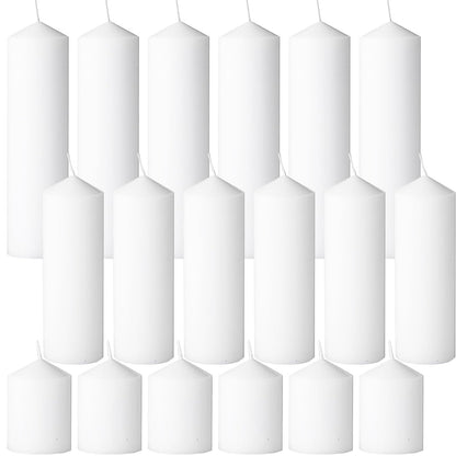 Trxvxo White Pillar Candles Bulk Set of 18，Hurricane Candles，3 Different Lengths 2 x 3/6/8 Inch (6 Each)，Dripless Unscented Smokeless，Gives You a Better Atmosphere When Organizing an Event Party.