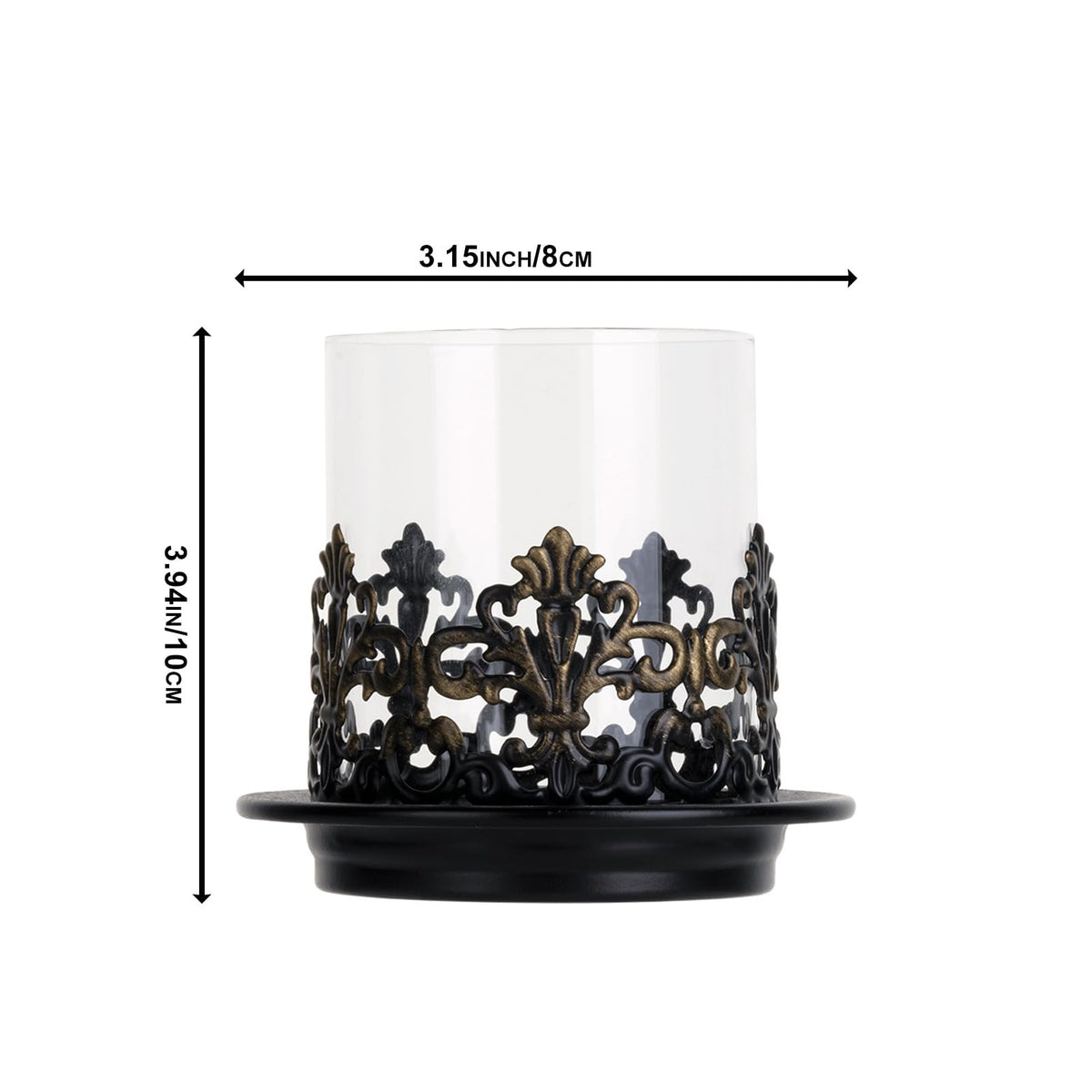 Woparty Vintage Gothic Glass Hurricane Candle Holders, Black Metal Base with Gold Accents, Clear Glass Sleeve, 4.3x4 Inch, Set of 2, for Pillar Candles