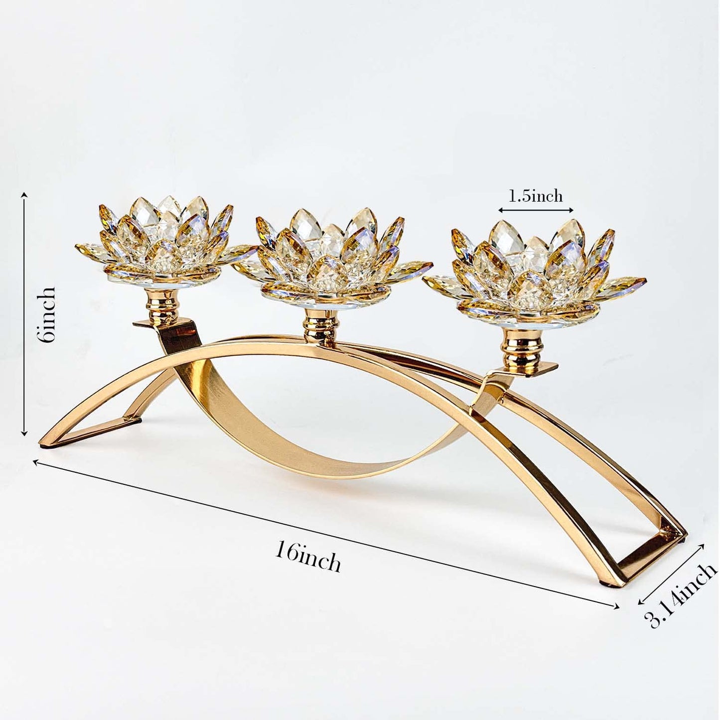 Tabletop Flower Crystal Candelabra with 3arm,Decorative Crystal Lotus Flower Candle Holder,Table Décor for Pillar candle1.5''(Gold)