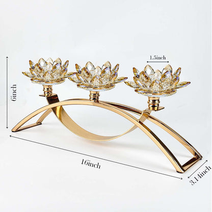 Tabletop Flower Crystal Candelabra with 3arm,Decorative Crystal Lotus Flower Candle Holder,Table Décor for Pillar candle1.5''(Gold)