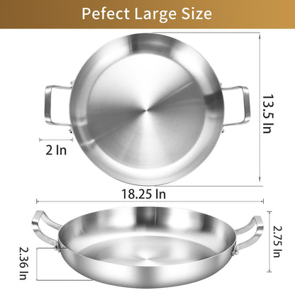 Inqibee 13-Inch Tri-Ply Stainless Steel Paella Pan,Large Skillet,Griddle Pan,Large Frying Pan,Jumbo Cooker,Induction Cookware,Dishwasher and Oven Safe.