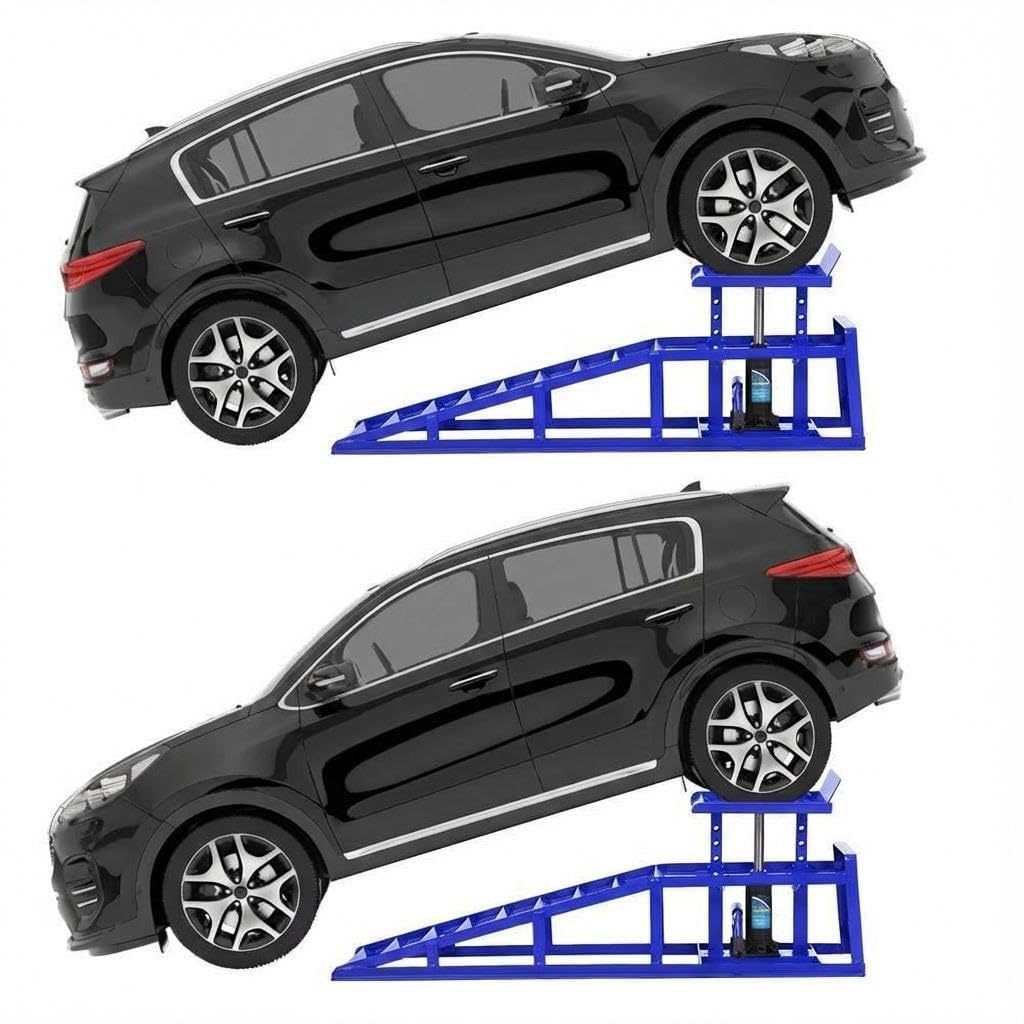 Hydraulic Car Ramps 2 Pack, 11000 Lbs Heavy Duty Steel Car Ramps with Hydraulic Jack, Adjustable Lift Height 9.8"-15", Auto Ramp for Oil Changes, Home Garage, Vehicle Truck Repair, Blue