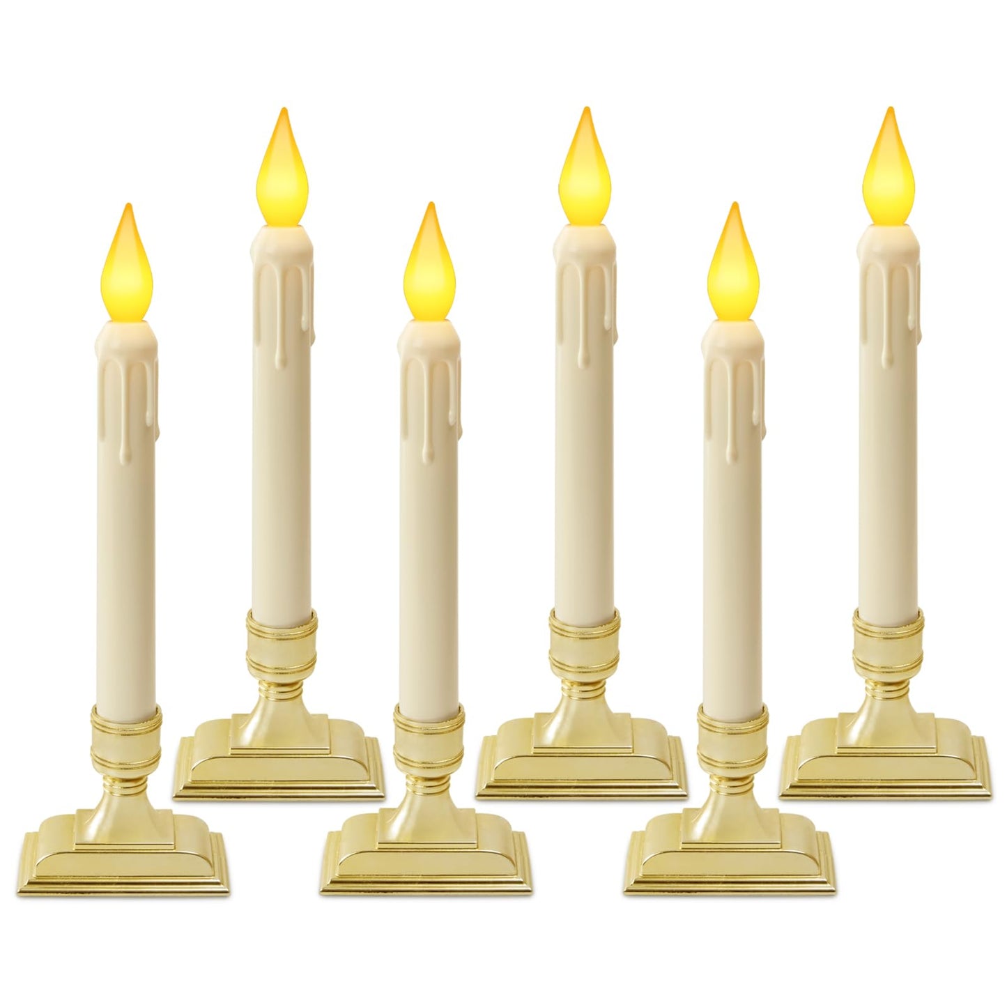 Meigic 6 Pcs Sensor Dawn to Dusk Window Candles, Flickering Battery Candles for Windows, Ultra Bright Fake Candle Lights with Gold Holders, Led Candlesticks for Xmas Home Decor, Warm Yellow Light