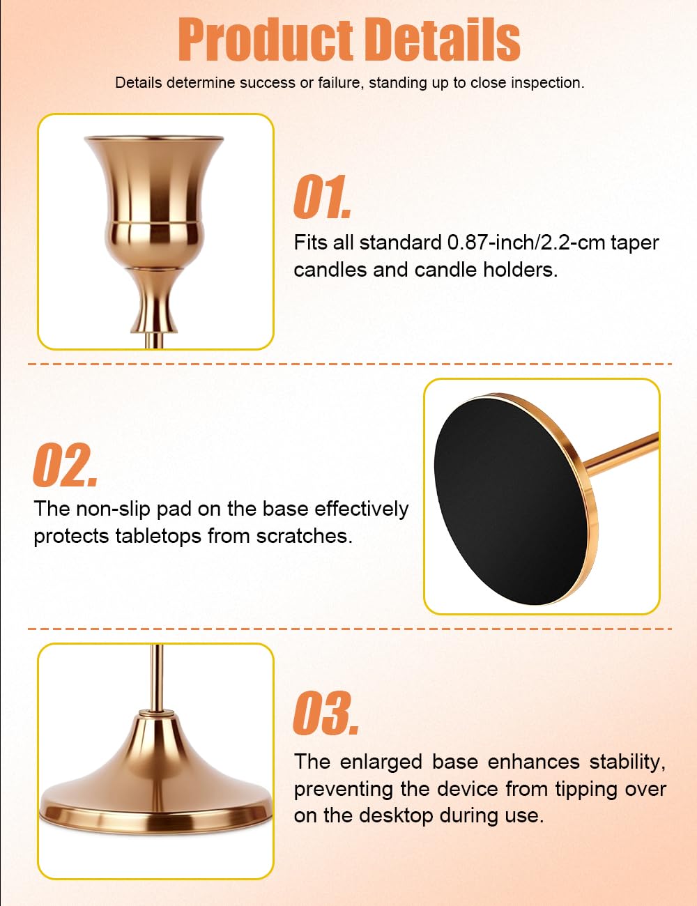 2 Sets(6 Pcs) French Gold Tapered Candle Holder,Candlestick Tall Metal Candlestick Holders for Table Centerpiece Home Decor for Wedding Fireplace Mantel Housewarming Gift Fits 3/4 Inch Thick Candles