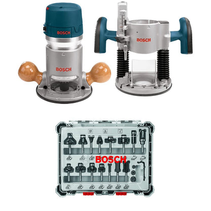 BOSCH 1617EVSPK Wood 12 Amp Router Tool Combo Kit - 2.25 Horsepower Plunge Router & Fixed Base with a Variable Speed&BOSCH 15 pc. Carbide-Tipped Wood Router Bit Set