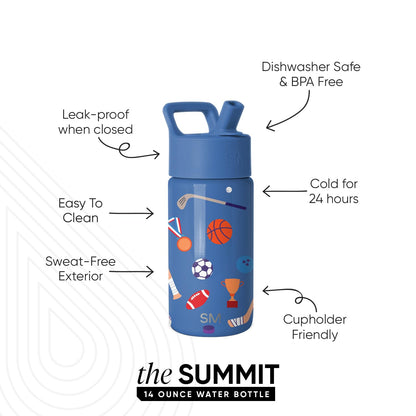 Simple Modern Kids Water Bottle with Straw Lid | 14oz Insulated Stainless Steel Kids Tumbler & Spill Proof Toddler Cup for School, Girls, Boys | Summit | Sports Balls