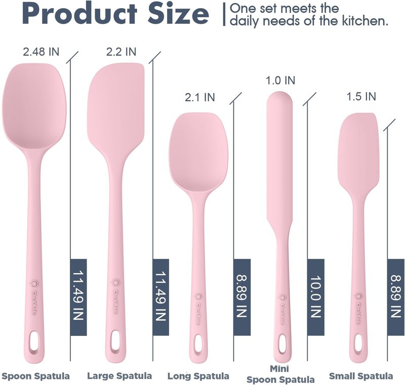 ChefAide 5 Pieces Silicone Spatula Set, Food Grade Rubber Spatula, Upgrade Strong Handle with Ergonomic Grip, Heat Resistant Up to 600°F for Nonstick Cookware, Cooking