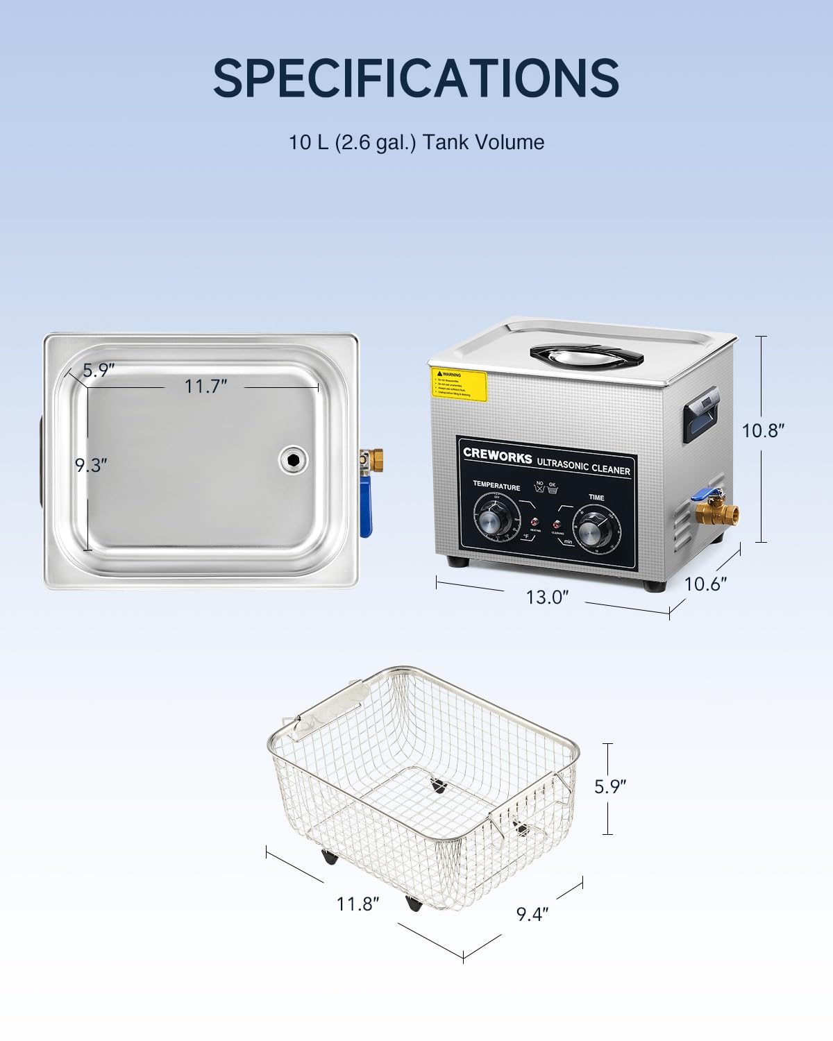 CREWORKS 10L Ultrasound Cleaning Machine with Heater and Timer, 240W Stainless Steel Ultrasonic Washing Machine, 2.6 gal Professional Ultrasound Parts Cleaning Machine for Lab Tool Glasses Auto Part