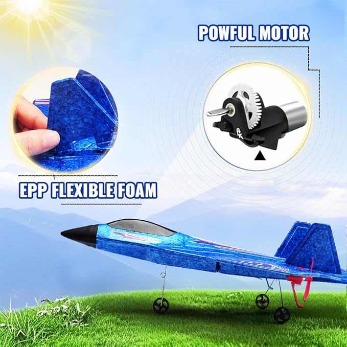 Blue RC Plane for Kids Upgrade F-22 Raptor Fighter RC Airplane Remote Control Airplane Toys 2.4 GHZ Smart 6-axis Gyro Stabilizer RTF RC Jet Aircraft Easy to Fly Outdoor Toy RC Glider for Beginners