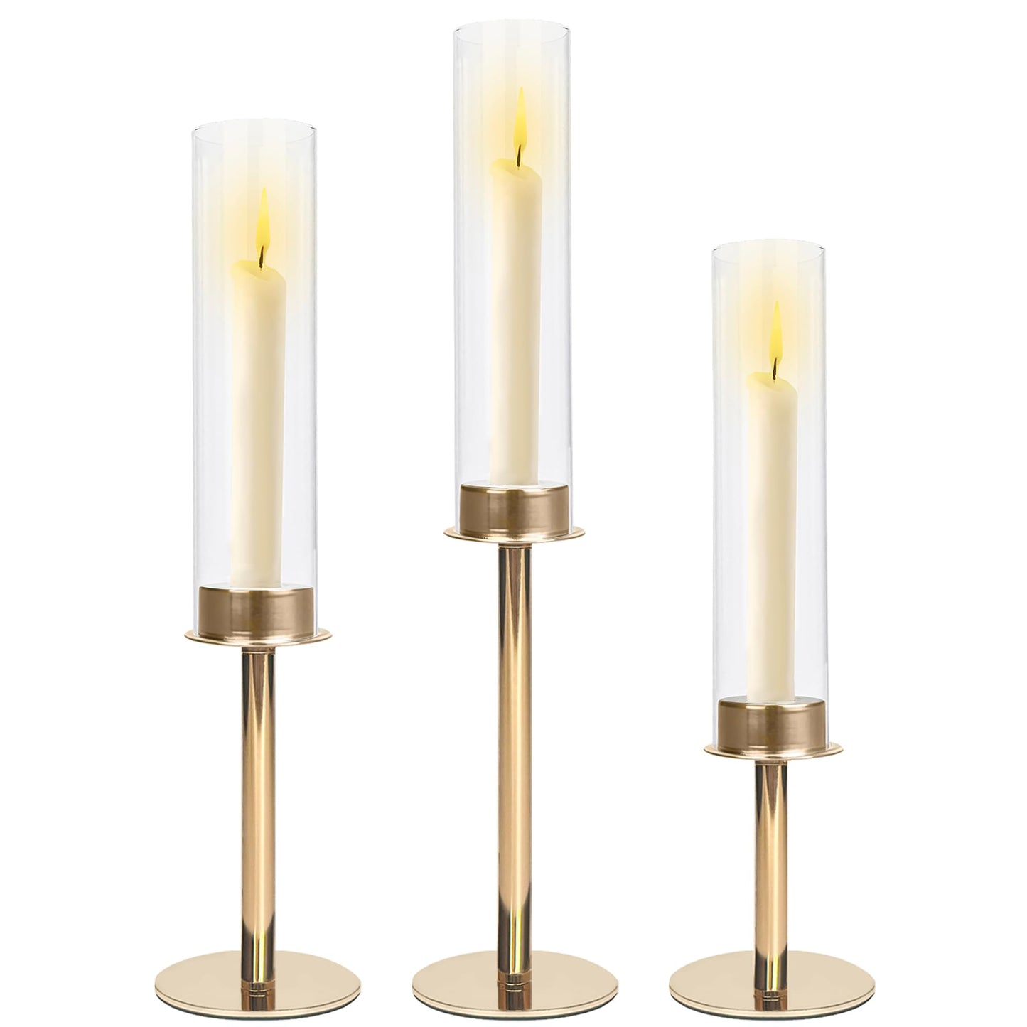 QTRQTR 3 PCS Gold Hurricane Candle Holders Fluted Glass Candlestick Holder