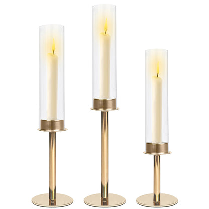 QTRQTR 3 PCS Gold Hurricane Candle Holders Fluted Glass Candlestick Holder