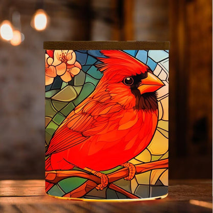 Cardinal Stained Glass Tea Light Holder for Home Decoration, Pink Flower Tealight Candle Holders with Bamboo Lid, Cardinal Bird Votive Candle Jar Memorial Glass Candlesticks - 3.5"x2.8"