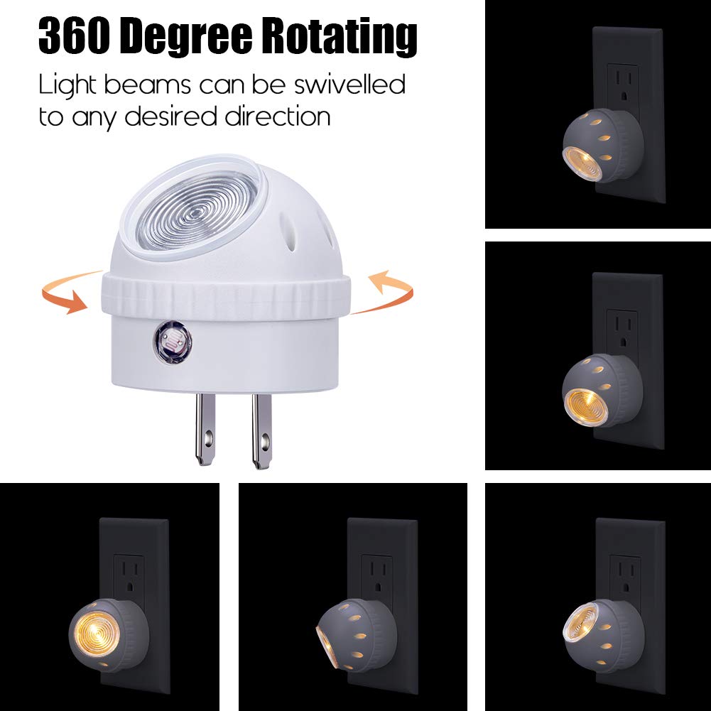 Emotionlite Plug-in Night Lights, Warm White LED Nightlight, 360° Rotation, Dusk to Dawn Sensor, Kids, Adult, Bedroom, Hallway, Bathroom,Kitchen, Stairways, Corridor, 6 Pack