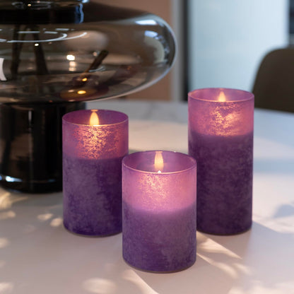 ANGELLOONG Purple LED Candles for Home Decor, Glass Flameless Candles with Remote, Set of 3 Battery Operated Pillar Candle for Fall Halloween Decoration