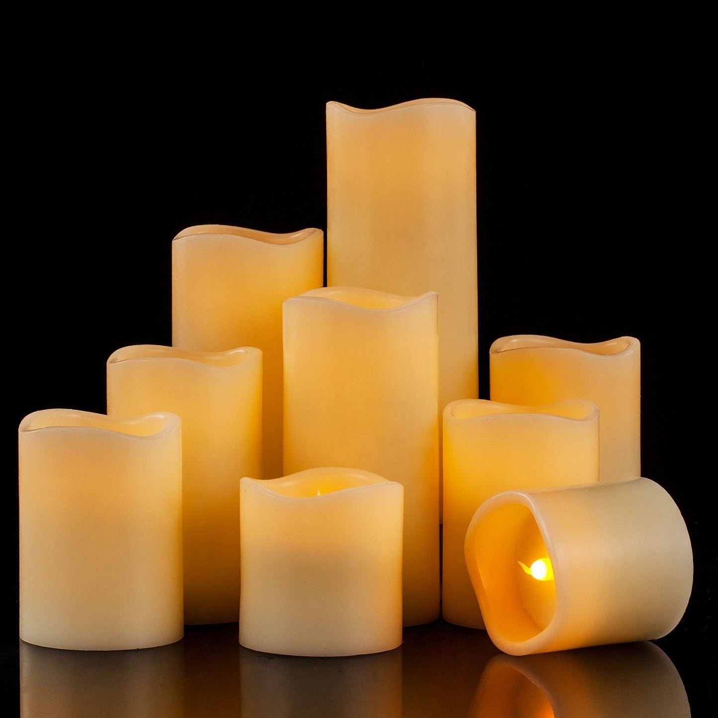RY King Large Flameless Candle Set of 9 (D 3" x H 3", 3", 4", 4", 5", 5", 6", 7", 8") Battery Operated LED Pillar Real Wax Candles with Remote Control Timer