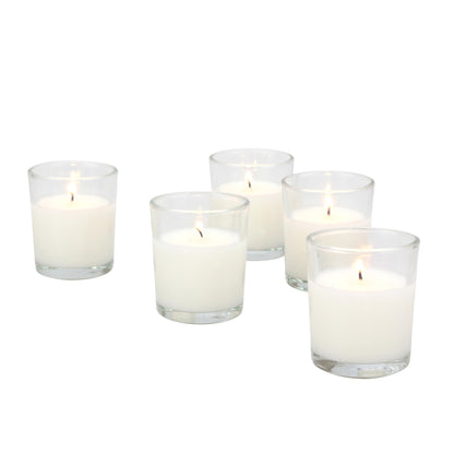 Stonebriar SB-SP-3210A 15 Hour Long Burning Unscented Wax Filled Votive Holders & Bulk 48 Pack Unscented Smokeless Long Clear Cup Tea Light Candles