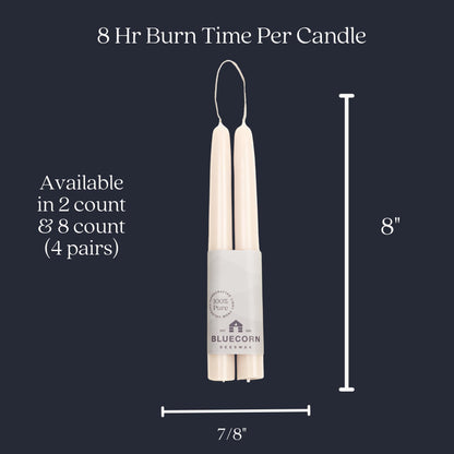 Bluecorn Beeswax Taper Candles, 100% Pure Natural Bees Wax, Pair of 8 Inch Ivory White Tapered Candlesticks, Clean Burning & Dripless, Fragrance Free, Long Lasting, Home Decor, American Made, 1 Count