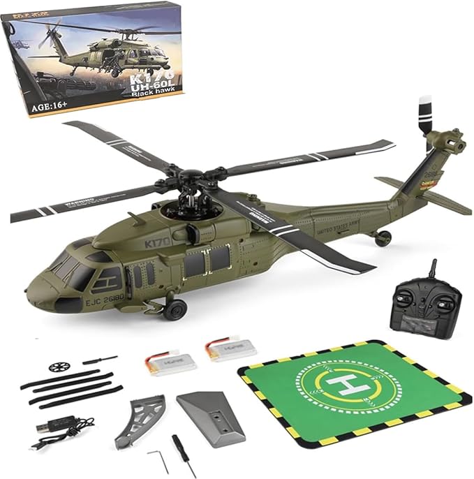 K170 UH60L RC Helicopter Remote Controlled Helicopter for Adults Beginners 2.4G 4CH RC Plane 6-Axis Gyroscope Altitude Hovering Military Aircraft Aileronles (2 Batteries)