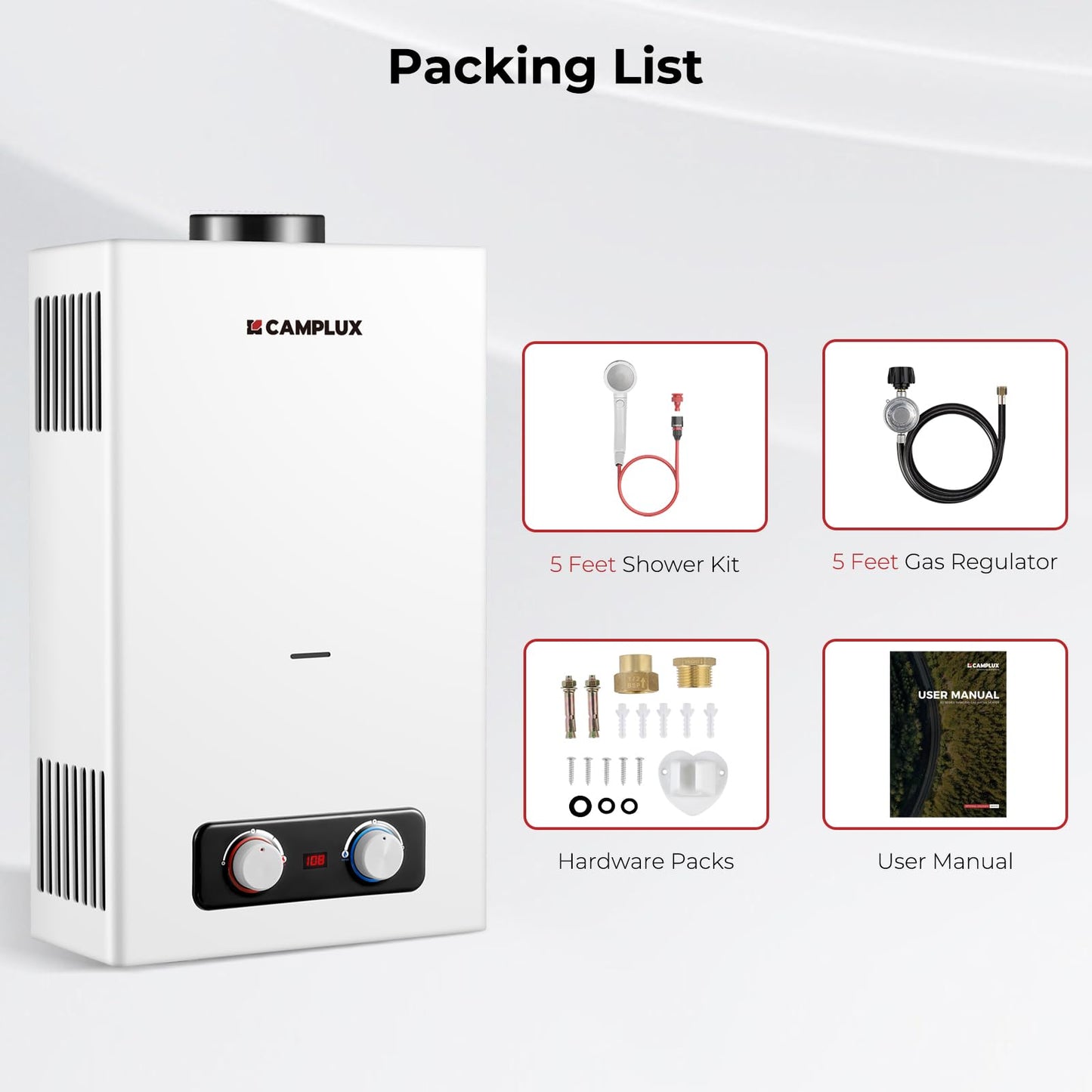 CAMPLUX 2.64 GPM Tankless Propane Water Heater, Portable Water Heater Outdoor with Overheating Protection, for Camping, Cabins, Barns, Easy Installation, 68,000 BTU, BD264