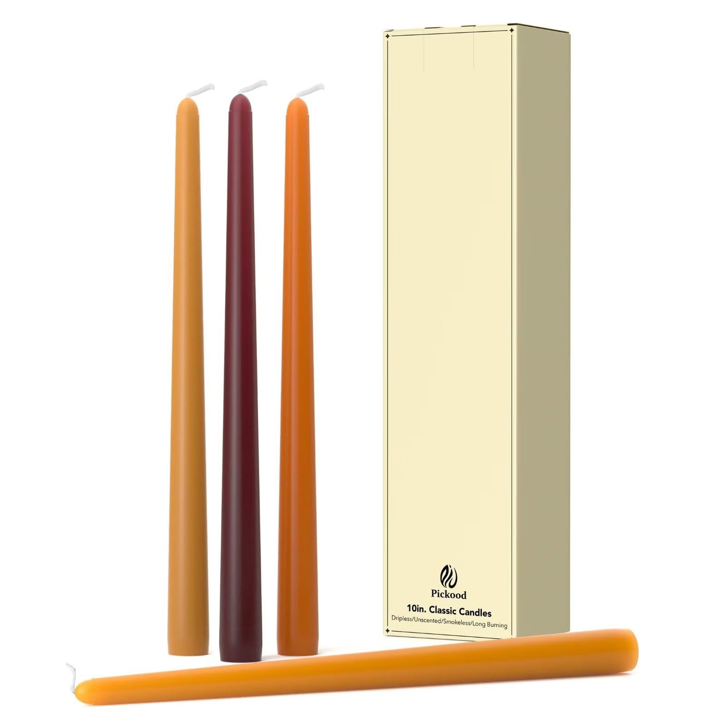 Pickood 10-Inch Tall Dripless Taper Candles Set of 4 - Fall Tapered Candles, Perfect for Halloween,Fall - Smokeless, Unscented, Long Burning - Hand Poured, Colored Tall Candlesticks - Thanksgiving