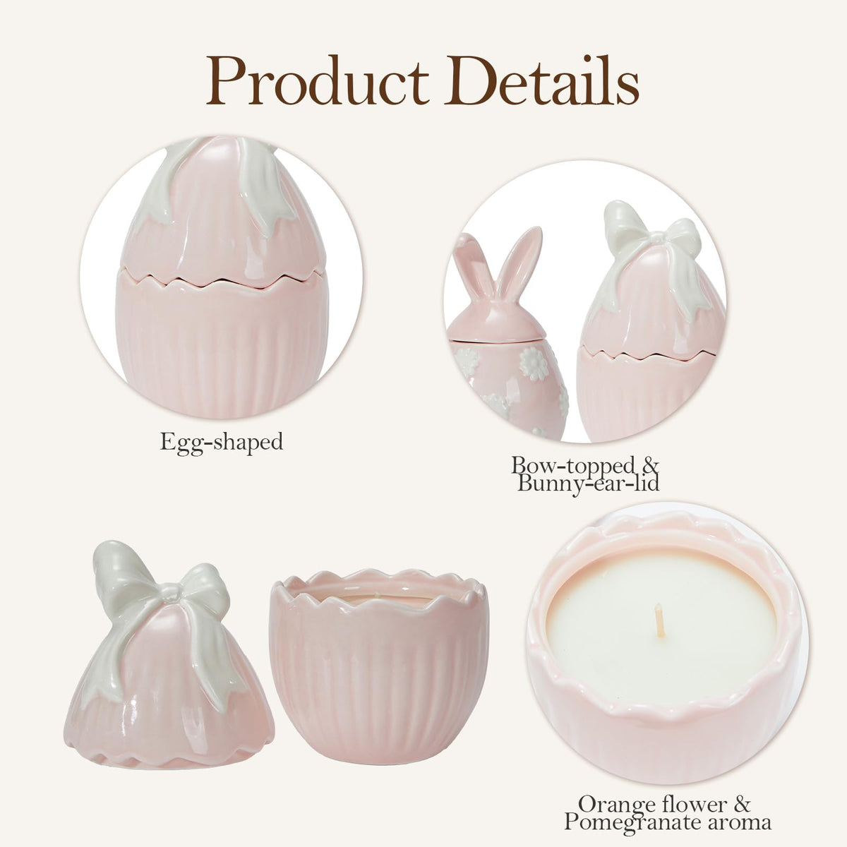 WDS WONDROUS 2-Pack Easter Bunny & Bow Ceramic Jar Candles, Egg Shaped Soy Wax Scented Candles with Daisy and Striped Design, Spring Home Decor Gift Set for Women, Pink Farmhouse Table Centerpiece