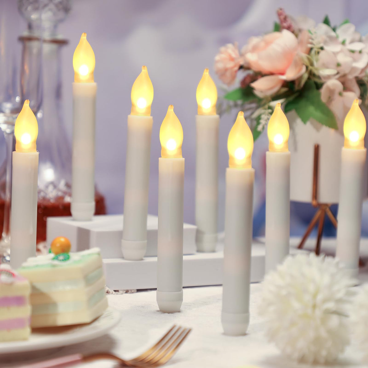 Macarrie 108 Pieces Flameless LED Taper Candles Battery Operated Candles, Flickering Light Electric Handheld Candlesticks, Halloween Christmas Church Party Weddings Decoration(White, Warm White Light)