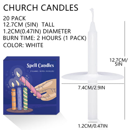 20 Pack Church Candles with Drip Protectors for Devotional Candlelight Vigil Service, Box of 20 Candles, Unscented White 5" H X 1/2" D