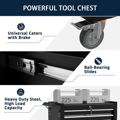 OAKANDO 7-Drawer Metal Rolling Tool Chest with Wheels,Tool Storage Cabinet with Locking System，Toolbox with Wheels for Garage,Workshop, Repair Shop(Black, 7-Drawer)