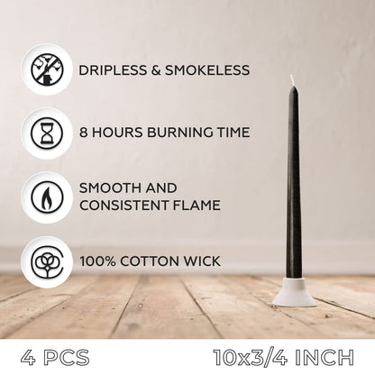 SONEDLY 10 inch Taper Candles 4 Pack - Long Burning Dripless and Smokeless - Ideal for Halloween and Witchcraft - 8-Hour Coal Black Candlesticks