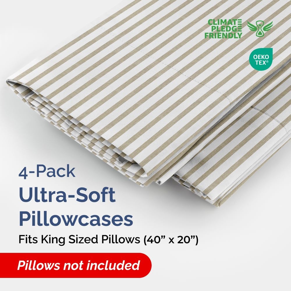 Skiennix King Pillow Cases Set of 4 - Ultra Soft Hotel Quality Covers - Wrinkle Free & Fade Resistant - Beige Stripes
