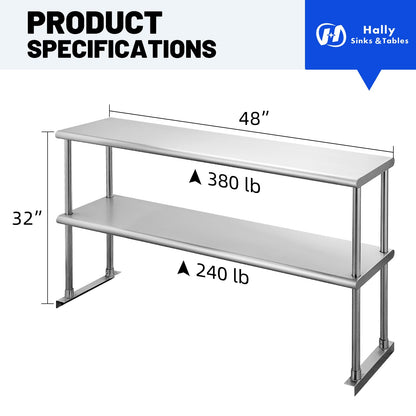 Hally Double Overshelf of Stainless Steel 12'' x 48'' Weight Capacity 380lb, Commercial 2 Tier Shelf for Prep & Work Table in Restaurant, Home and Kitchen