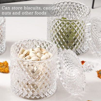 FHDUSRYO 2Pcs Crystal Jar with Lid, Glass Sugar Bowl Decorative Candy Jars, Diamond Candy Dish, Crystal Cookie Tin Biscuit Barrel, Buffet Container, Qtip Holder for Home (10+24oz, Clear)