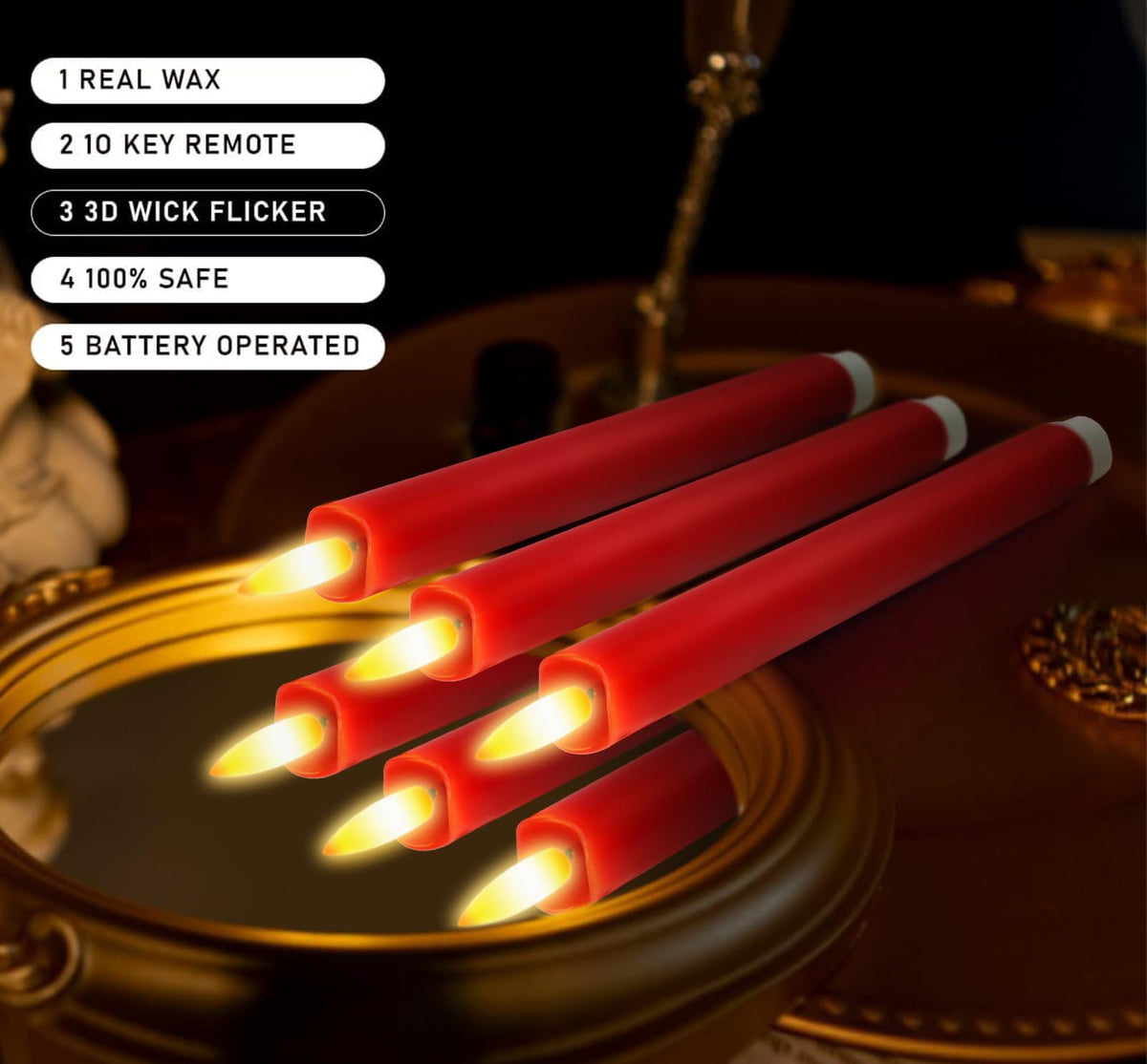 KSWING Upgraded Real Wax LED Flameless Red Taper Candles with Remote, 6 PCS Candlesticks Battery Operated 3D Flickering - 9.6" Long Realistic Fake Candle Sticks for Home/Wedding/Fireplace Xmas Decor