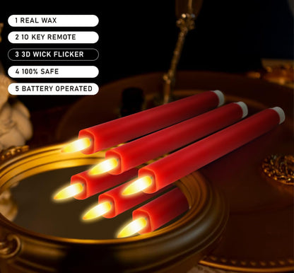 KSWING Upgraded Real Wax LED Flameless Red Taper Candles with Remote, 6 PCS Candlesticks Battery Operated 3D Flickering - 9.6" Long Realistic Fake Candle Sticks for Home/Wedding/Fireplace Xmas Decor