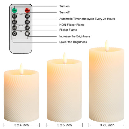 ANGELLOONG Flickering Flameless Candle with Remote, Real Wax Battery Operated Candles with Timer, Set of 3 Fake LED Electric Pillar Candles for Home Party Holiday Christmas Decor, Twill