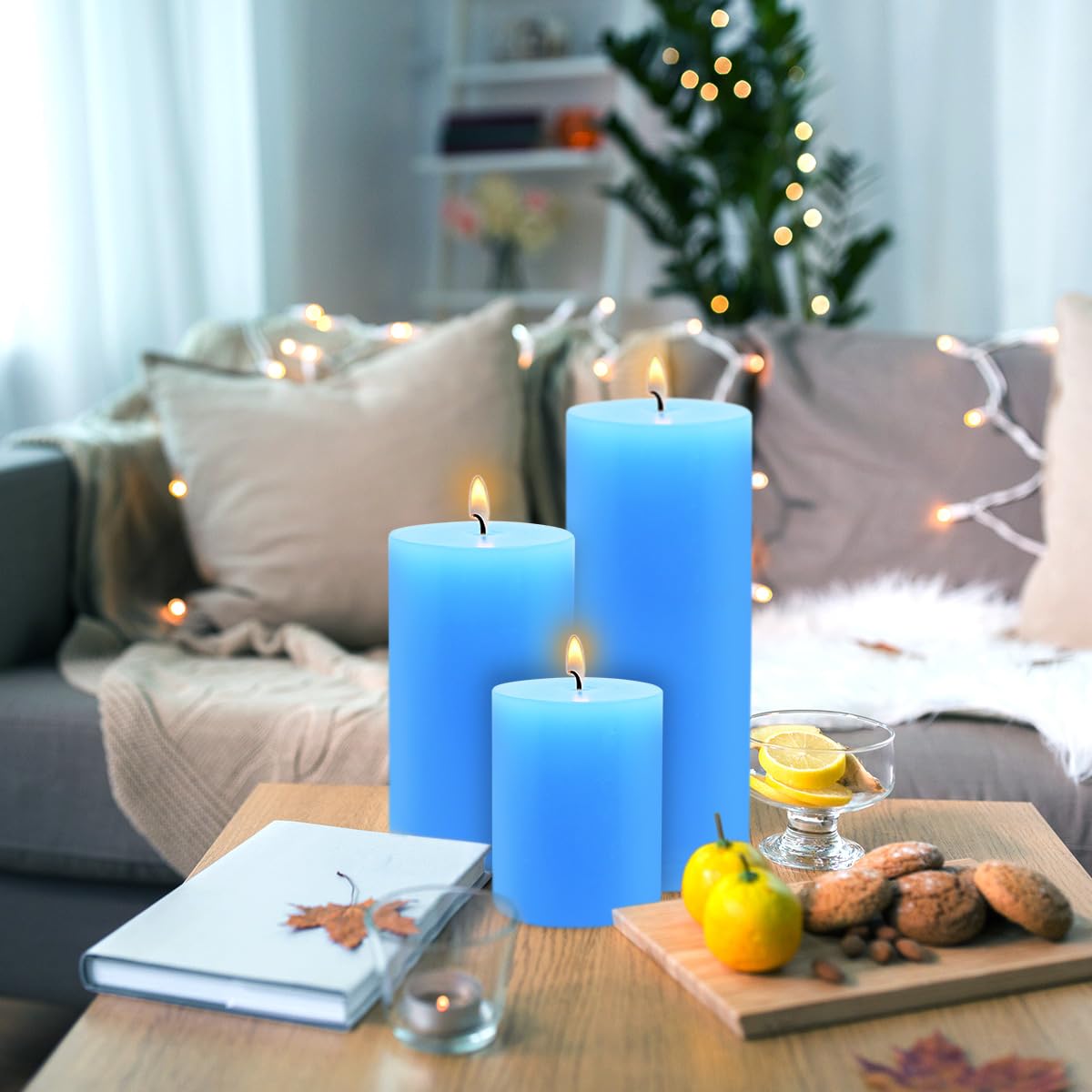 Blue Pillar Candles Set of 3 - Dripless Unscented - 3x4, 3x6 & 3x8 inches Decorative Candles for Home Decor & Table Centerpieces