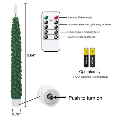 DRomance Christmas Tree Flameless Taper Candles Battery Operated with 10-Key Remote and Cycle Timer 4 Pack Real Wax 3D Wick Flickering LED Candlesticks Holiday Decor(Green, 0.79 x 9.9 Inch)