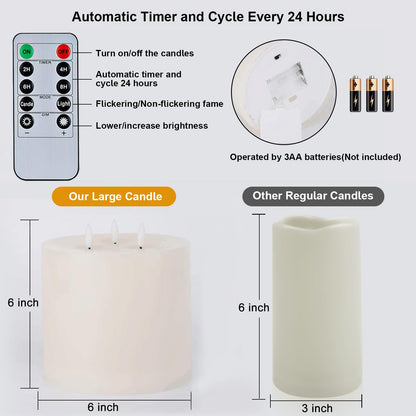 Amagic 6"x6" Extra Large Flameless Candles with 3 Wicks, Battery Operated Candles with Remote Control and Timers, 6 inch Diameter LED Pillar Candles, Real Wax, Ivory