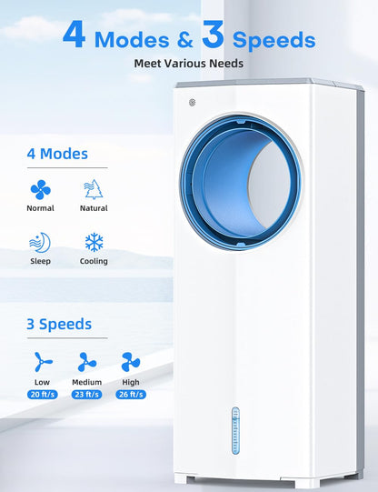 MYICY 27 INCH Evaporative Air Cooler, Windowless Swamp Cooler Portable Air Conditioners w/Normal/Natural/Sleep/Cooling Mode,3 Speeds,Double Tanks& Remote & Smart Timer, Bladeless Air Cooler for Room