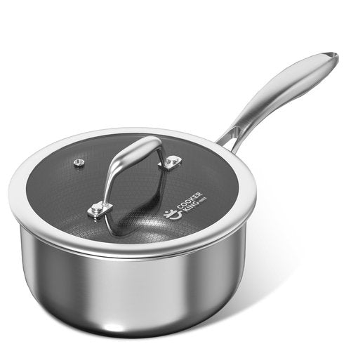 COOKER KING 2 Quart Stainless Steel Saucepan, Nonstick Sauce Pan, Ceramic Suce Pot with Tempered Glass Lid, Induction Pot Compatible with All Cooktops, Dishwasher & Oven Safe(PFAS/PFOA/PTFE Free)
