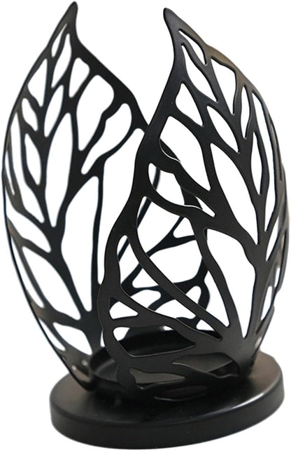 Metal Candlestick Holder Hollow Candle Stand Decorative Candle Stand Leaf Tealight Candle Holder Iron Candleholder for Wedding Living Room Home Party Table Decoration - Black