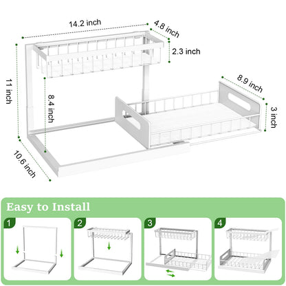 REALINN Under Sink Organizer, Pull Out Cabinet Organizer 2 Tier Slide Out Sink Shelf Cabinet Storage Shelves, Storage for Kitchen Bathroom, White, 2 Pack