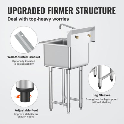 VEVOR Stainless Steel Prep & Utility Sink, 1 Compartment Free Standing Small Sink Include Faucet & legs,commercial Single Bowl Sinks for Garage, Restaurant, Kitchen, Laundry